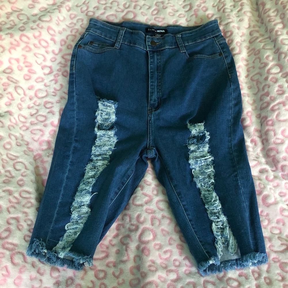 Fashion Nova Classic Medium Wash Blue Distressed Bermuda Shorts